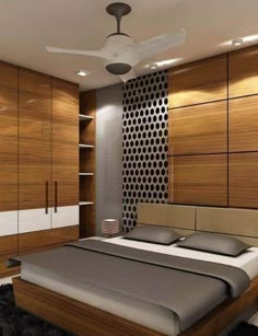 a modern bedroom with wood and white decor