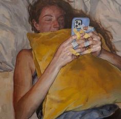 a painting of a woman laying in bed holding a cell phone