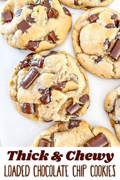 thick and chewy loaded chocolate chip cookies on a baking sheet with text overlay