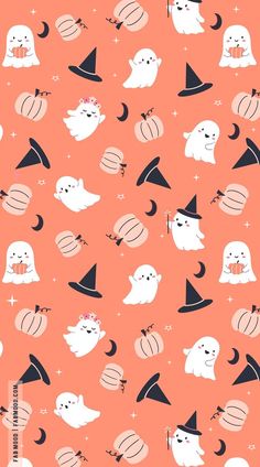 an orange background with white ghost and pumpkins