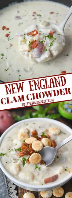 two bowls of clam chowder with spoons in them and the text new england clam chowder