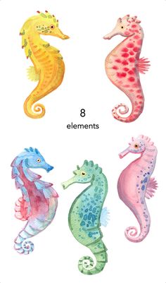 four watercolor seahorses are shown in different colors and sizes, with the words 8