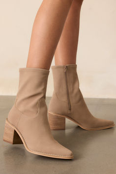 Strut your stuff in these stylish taupe ankle boots! Perfect for any occasion, they'll have you stepping out in style. With a comfortable fit and sleek design, you'll be the envy of all your friends. Show off your fashion sense with these must-have boots. These taupe boots feature a pointed toe, a platform heel, a discrete side zipper and a tan sole. Taupe Ankle Boots, Short Heel Boots, Taupe Boots, Going Out Looks, Preppy Girls, Corporate Chic, Beige Shorts, Heel Boot, Cardigan Crop