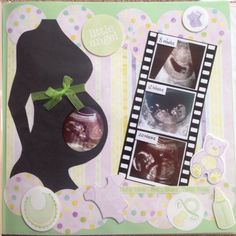 a scrapbook with baby pictures and an image of a pregnant woman's belly