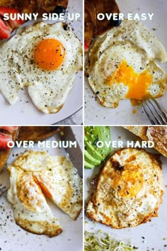 four different types of eggs on top of each other with the words sunny side up over easy