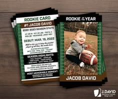 a green and brown football ticket for a baby's first birthday with an image of a