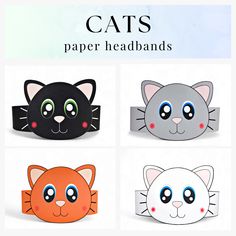 four paper headbands with cats on them and the caption says, cats paper headbands