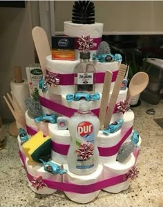 a cake made to look like it is stacked with toiletries