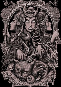 an image of two women and a demon with horns on their heads, surrounded by other creatures