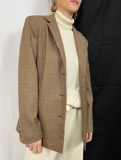 "Plaid Wool Blazer for Women Size S - M | Beige Wool Blazer with pockets and fully lined. Composition: 100% wool. Lining: 100% rayon. Measurements of the wool blazer lying flat: Armpit to armpit: 49 cm | 19.3\" Length: 68 cm | 26.8\" Sleeves: 59 cm | 23.2\" Shoulder to shoulder: 40 cm | 15.7\" In excellent vintage condition. This beige plaid blazer is photographed on a size S model (bust: 88 cm|35\", waist: 68|26\" cm, hips: 88 cm|35\", height: 1,68 m|5.5ft) The white wool pants are handmade by Classic Beige Tweed Jacket With Notch Lapel, Classic Beige Single Breasted Tweed Jacket, Beige Single Button Fall Suits, Classic Fall Suits For Office, Classic Fall Office Suits, Classic Beige Wool Blazer, Beige Fall Suits With Lapel Collar, Classic Beige Tweed Jacket For Business Casual, Classic Long Sleeve Tweed Jacket For Office