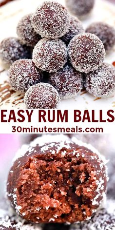 two different views of chocolate rum balls with powdered sugar on the top and bottom