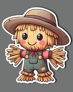 a sticker with an image of a scarecrow wearing a hat and overalls