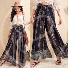 Pre Order 100% Rayon Split Leg Print Wide Leg Pants Black Bohemian Straight Pants, Bohemian Style Black Straight Pants, Bohemian Black Straight Pants, Bohemian Wide Leg Pants For Day Out, Bohemian Pants With Pockets For Day Out, Bohemian Ankle-length Pants For Day Out, Bohemian High Waist Black Bottoms, Bohemian Black High Waist Bottoms, Split Leg Pants Outfit