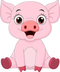 a pink pig sitting on the ground with its tongue out and eyes wide open, smiling