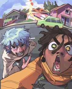 two cartoon characters with their mouths open in front of a building and cars behind them