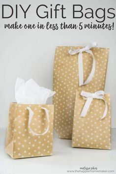 two brown bags with white polka dots on them and the words diy gift bags make one less than 5 minutes