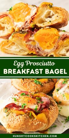 an egg prosciuto breakfast bagel with bacon and cheese on the side