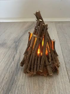 a small fire pit made out of twigs on the floor with flames burning in it