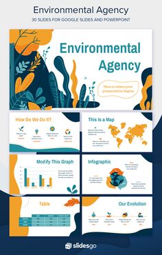 the environmental powerpoint presentation is shown in blue, yellow and green colors with an image of