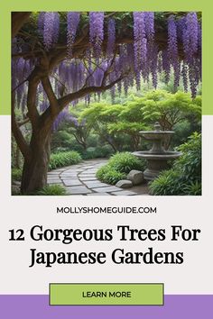 the cover of 12 gorgeous trees for japanese gardens, including wisters and flowers