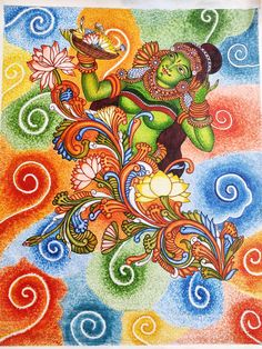 an artistic painting on paper with colorful swirls and colors in the background, depicting hindu deities