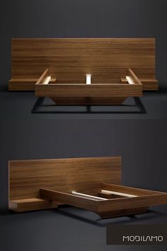 two different views of a bed with wooden headboard