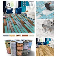 several different types of wood flooring in various colors and sizes, including one with blue