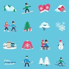 the flat icons are designed to look like people skiing and snowboarding in wintertime