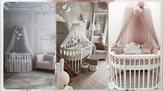 a baby's room is decorated in pink and white