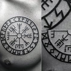 some tattoos that are on the chest and one has an image of a sundial