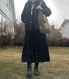 Long Skirt Denim Jacket, Summer Goth Outfits Skirt, Long Black Skirt Grunge Outfit, Grunge Jacket Aesthetic, Metal Grunge Aesthetic, Grunge With Skirt, Long Dress With Denim Jacket, Styles With Doc Martens, Goth Outfit With Skirt