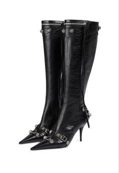 Black Balenciaga, Pointy Heels, Punk Boots, High Heel Boots Knee, Womens Stilettos, Stiletto Boots, Studded Boots, Knee High Leather Boots