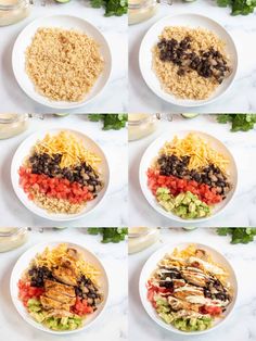 six plates filled with different types of food on top of a white countertop next to utensils