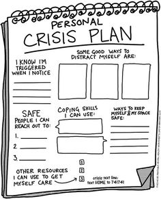 The best time to do good crisis work is when you (or your client, child, partner, friend, etc) aren't currently in crisis. Take some time out during the good times to intentionally plan, identify support networks, brainstorm self-care, and build skills so that when crisis comes, you don't have to figure it out from scratch. Crisis Plan, Mental Health Activities, Health Activities, School Social Work, Counseling Activities, Art Therapy Activities, Counseling Resources, Therapy Worksheets, Group Therapy