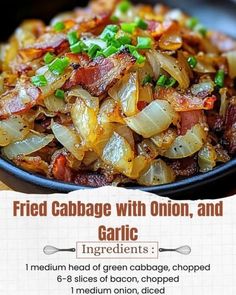 an advertisement for fried cabbage with onion, and garlic in a black bowl on a wooden table