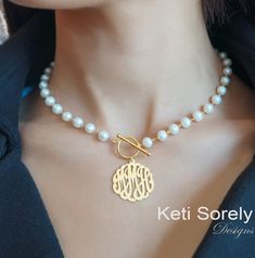 "Create elegant necklace using freshwater white pearl featured with your personal initials in pretty script font. Initials will be handmade using old style craftsmanship method from Sterling Silver, Yellow Gold or Rose Gold overlay. Designs by Keti Sorely. Metal Options: * Sterling Silver * Sterling Silver with yellow gold overlay * Sterling Silver with rose gold overlay Monogram size: optional from 1/2\" to 1\" Choose chain length. Necklace comes with toggle clasp. Pearl size - 4 to5 mm Pearl c Baguette Diamond Necklace, Message Necklace, Natural Pearl Necklace, Key Pendant Necklace, Spike Necklace, Pearl Necklaces, Cluster Necklace, Pompano Beach, White Gold Necklaces