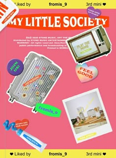 an advertisement for the little society with stickers and magnets on it, including a photo