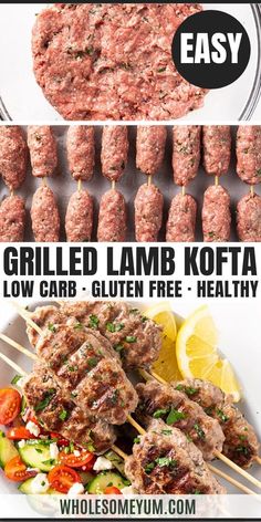 grilled lamb kofta on skewers with vegetables and lemon wedges