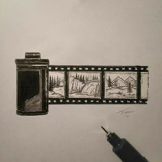 a pencil drawing of a film strip with pictures on it and a pen in the foreground