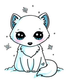 a white fox with blue eyes sitting on the snowflakes and looking at the camera