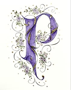 the letter d with flowers and vines on it is painted in watercolor pencils