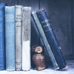 an owl figurine sitting on top of books next to two old bookends