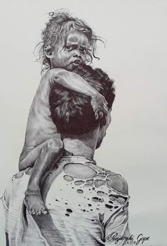 a drawing of a man holding a child on his shoulders, with the back of his head