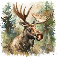 a painting of a moose with large antlers on it's head and trees in the background