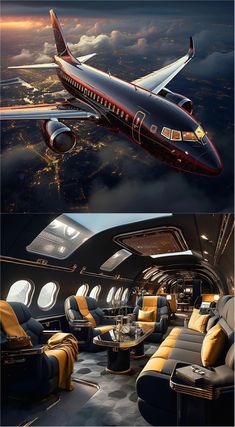 an airplane that is flying in the sky above some clouds and has yellow seats around it