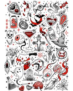 an assortment of halloween themed tattoos on a white background with red and black inks