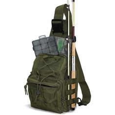 the back pack is filled with fishing rods and other items, including an umbrella pole