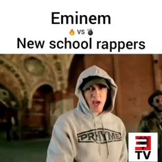 a person in a white hoodie with the caption emiment vs new school rappers