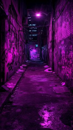 an alley way with graffiti on the walls and purple light coming from the ceiling above