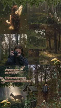 a collage of photos with trees and animals in the background, including an image of a woman holding a camera